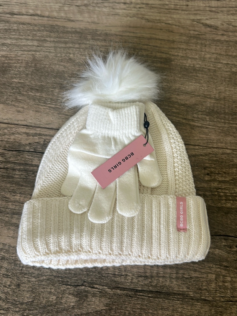 BCBG Girls Cream Knit Pom Hat with Matching Gloves Set